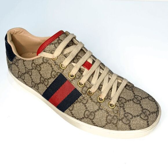 Gucci Ace Web Stripe Sneaker EU 37 US 7 Beige GG Monogram Canvas Low Top Shoe - Picture 1 of 8